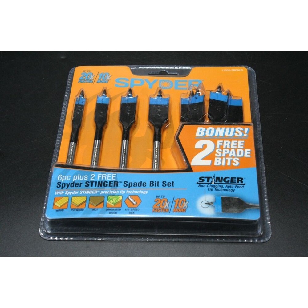 Spyder Stinger 8 Pc. Assorted 6-in Woodboring Spade Drill Bit Set 1/4 Bit Drive